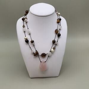 Lia Sophia Signed Pink Rose Quartz Beaded 2 Strand Brass Necklace 16”